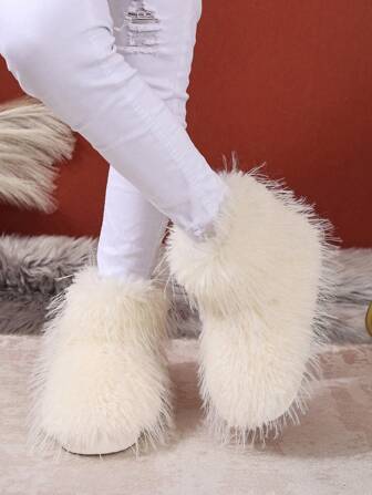 New Stylish Fashionable Versatile Solid Color Snow Boots With Fluffy Fabric, Cold-Resistant, Anti-Slip, Outdoor & Daily Wear