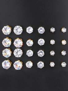 Bộ 24 khuyên tai lấp lánh Cubic Zirconia thời trang tối giản, thích hợp cho tiệc tùng, hẹn hò, quà tặng, đeo hàng ngày - Vàng - Xem 1