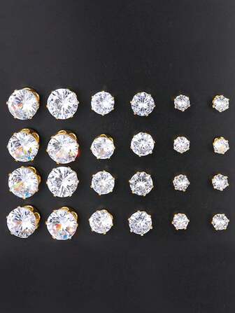 24pcs Fashionable Minimalist Cubic Zirconia Sparkling Earrings Set, Suitable For Party, Date, Gift, Daily Wear