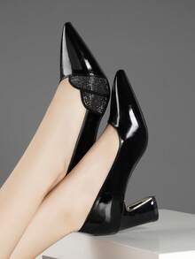 Women's Pointed Toe Chunky Heel Slip-On Pumps With Crystal Decor, Elegant,Kitten Heels - Black - View 2