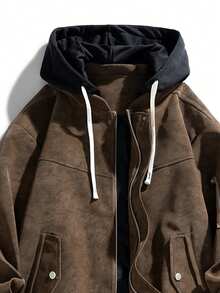 男士长袖宽松摩托车皮夹克，带帽，秋冬新款