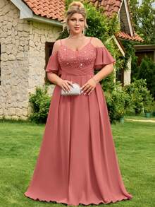 Plus Size Deep V-Neck Spaghetti Strap Sequin Floral Lace Patchwork Cold-Shoulder Contrast Ruffle Waist Chiffon Maxi Dress, Formal Evening Party, Homecoming, Wedding Guest, Formal Occasion - Dusty Pink - View 2