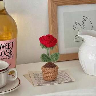 Pianta in vaso con fiore di girasole realizzata a mano a uncinetto, decorazione floreale in rosa a maglia, ornamento da tavolo con fiore artificiale, articolo regalo