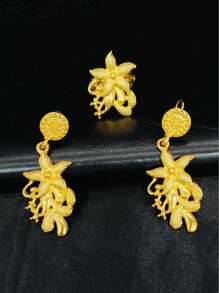 1 set de bijoux plaqués or à la mode pour femme, comprenant 1 collier, 1 bracelet, 1 paire de boucles d'oreilles et 1 bague. Convient pour Dubaï, Afrique, Europe, Amérique, mariées, mariage, fête, fête des mères, rentrée scolaire, Saint-Valentin. Matériau en alliage. Saint-Valentin, Maman, Mère, Fête des Mères, Cadeau