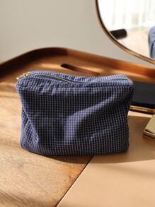 Japanese Style Plaid Stripe Fabric Cosmetic Bag, Multi-Function 3D Zipper Storage Pouch, Travel Portable Organizer Inner Bag Clutch Travel Essentials For Vacation Summer Holiday Back To School School Stuff Bag For School Travel Bag For Women Makeup Bag For Travel Supplies