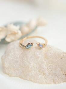 1pc Luxury High-End Versatile 18K Rose Gold Plated Blue Feather Gradient Faux Crystal Blue Topaz/Tanzanite Leaf Open Ring, Suitable For Women, Wedding, Birthday, Evening Party, Valentine's Day Gift