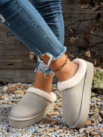 女士秋冬高跟一脚蹬毛绒拖鞋，室内/室外防滑厚底保暖毛绒拖鞋