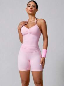 NcmRyu Women's Sexy Solid Color V-Neck Crop Top And Shorts Sports Set