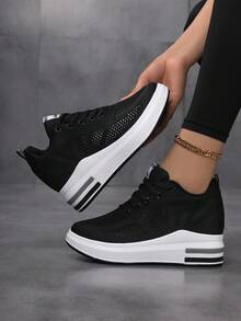 女式休闲隐形坡跟运动鞋，网眼鞋面系带舒适运动鞋，尺码 35-42