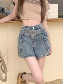 High Waist Solid Color Washed Casual Straight Leg Women Denim Shorts (With Belt)