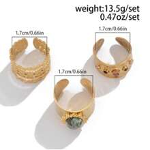 Conjunto de 3 anillos anchos de estilo retro punk decorados con rhinestones para mujeres, anillos ajustables de metal huecos y personalizados