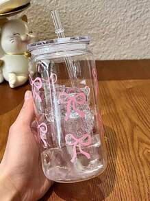 1 Piece Bow Printed Water Cup With Lid And Straw, 16 Oz Canned Water Cup, Ice Coffee Cup, Suitable For Tea, Juice, Milk, Birthday Gift, Suitable For Office, Restaurant, Classroom, Picnic, Party, Valentine's Day And New Year.