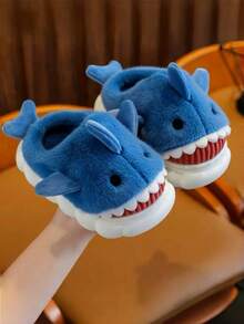 Kids Cute Cartoon Shark Pattern Thermal Slippers, Toddler Boys Girls Thick Plush Fur House Shoes
