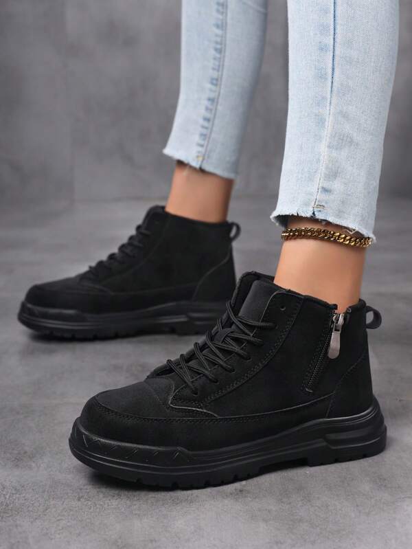 Black Suede Women's Boots With Side Zipper, Lace-Up, Thick Sole Anti-Slip Work Boots Suitable For Daily Wear, Casual, And Light Outdoor Activities In Autumn/Winter