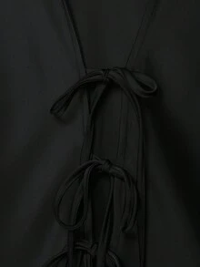 女士时尚休闲纯色翻领系带长袖衬衫缎面丝滑衬衫黑色春季款 - 黑色 - 查看 4