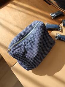 Japanese Style Plaid Stripe Fabric Cosmetic Bag, Multi-Function 3D Zipper Storage Pouch, Travel Portable Organizer Inner Bag Clutch Travel Essentials For Vacation Summer Holiday Back To School School Stuff Bag For School Travel Bag For Women Makeup Bag For Travel Supplies