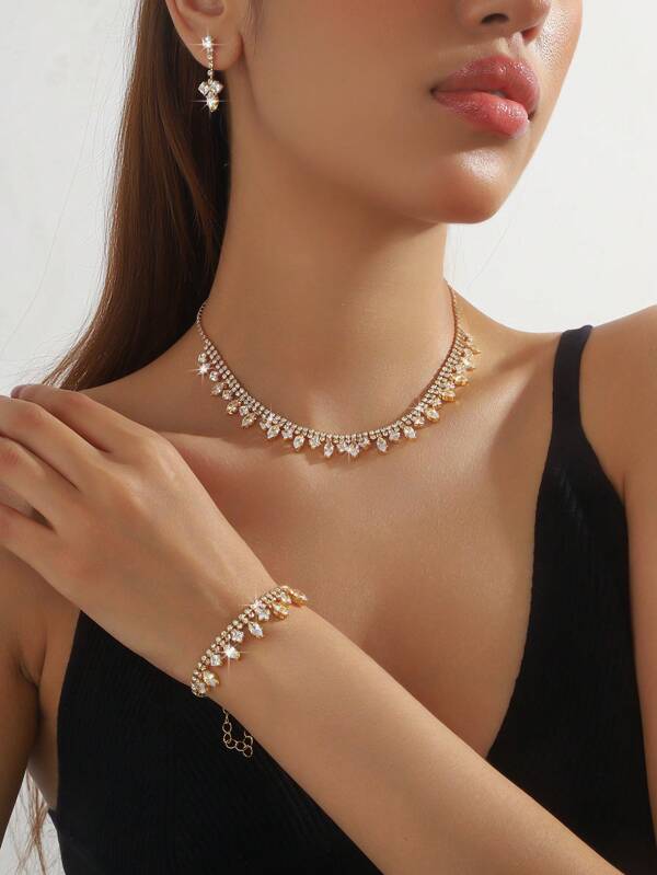 4pcs/Set Luxury Geometric Necklace, Earrings, Bracelet Jewelry Set | Gift For College Couples, Bride Wedding Party, Daily Commute | Elegant And Fashionable High-End Accessories