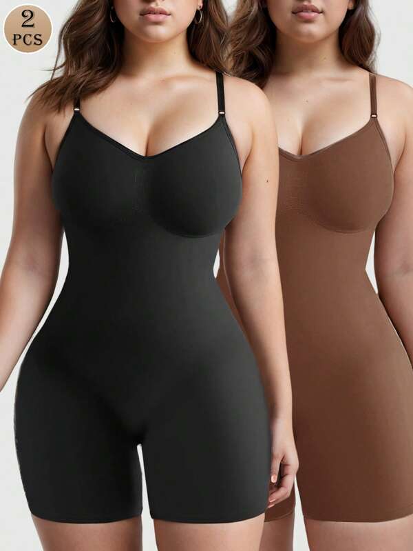 2pcs Women's Seamless Bodysuit Shapewear Black Bodysuit, Yoga, Daily Wear