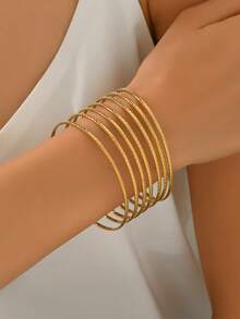 7pcs/Set Elegant Plated Gold Smooth 2mm Thin Bangle Bracelet Set, Suitable For Party, Daily Wear, Anniversary, Holiday Gift - Gold - View 6