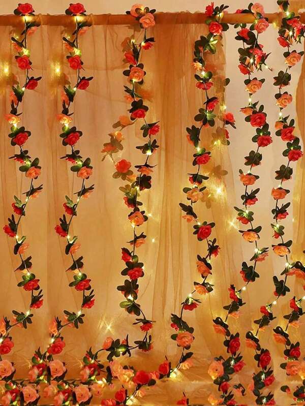 1pc 20 LED Rose Flower String Lights 8.2ft Artificial Flower Garland With Lights Hanging Fake Rose Flower Vine Lights For Garden Wedding Party Decor Birthday Bedroom Wall Decor