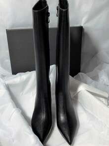 秋冬女士尖头细高跟踝靴，拉链闭合，英伦风时尚靴，厚底短筒/长筒可选，猫跟 - 黑色 - 查看 3