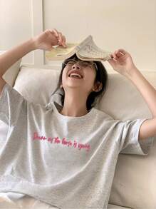 100% Cotton Ladies Short Sleeve T-Shirt, Stylish, Loose, Casual Crew Neck Top - 淺花灰 - 查看 1