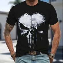 Men's Skull Print Round Neck T-Shirt, Streetwear Fashion Rock Print, Casual Short Sleeve T-Shirt, Promotion Men's Tops - 黑色 - 查看 1