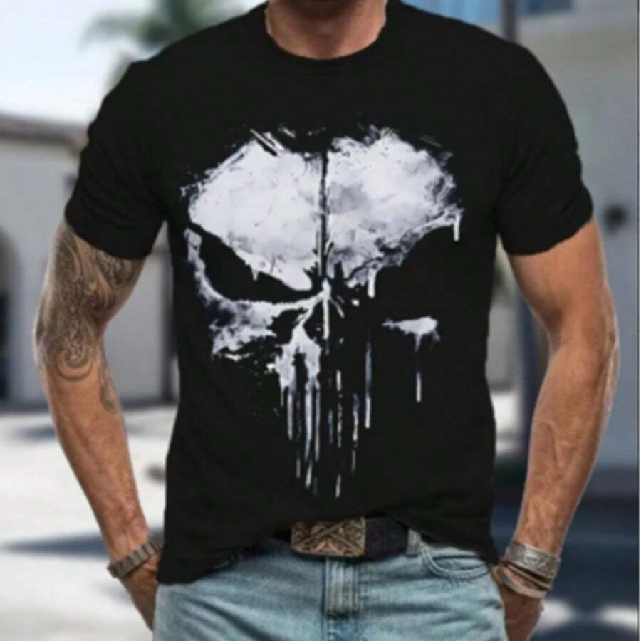 Men's Skull Print Round Neck T-Shirt, Streetwear Fashion Rock Print, Casual Short Sleeve T-Shirt, Promotion Men's Tops - 黑色 - 查看 1