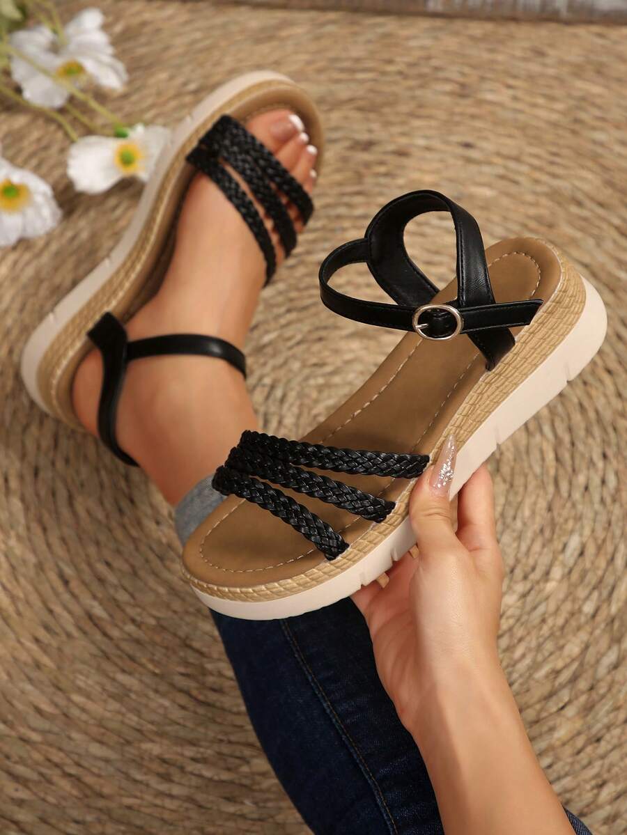 女士编织厚底坡跟凉鞋，时尚户外露趾沙滩夏季拖鞋