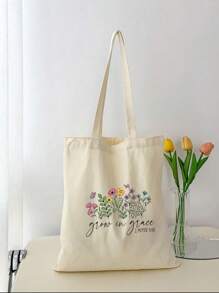 1 pieza Bolso de lona beige de moda, estampado de retazos de pintura al óleo, bolso de compras portátil para exteriores
