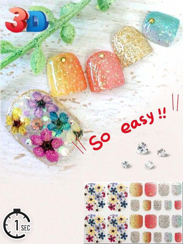 3D Rhinestone Water Droplets Design Toe Nail Stickers, Floral & Plant Elements, 22pcs Foot Nail Art Decals, Summer Vacation Fashion