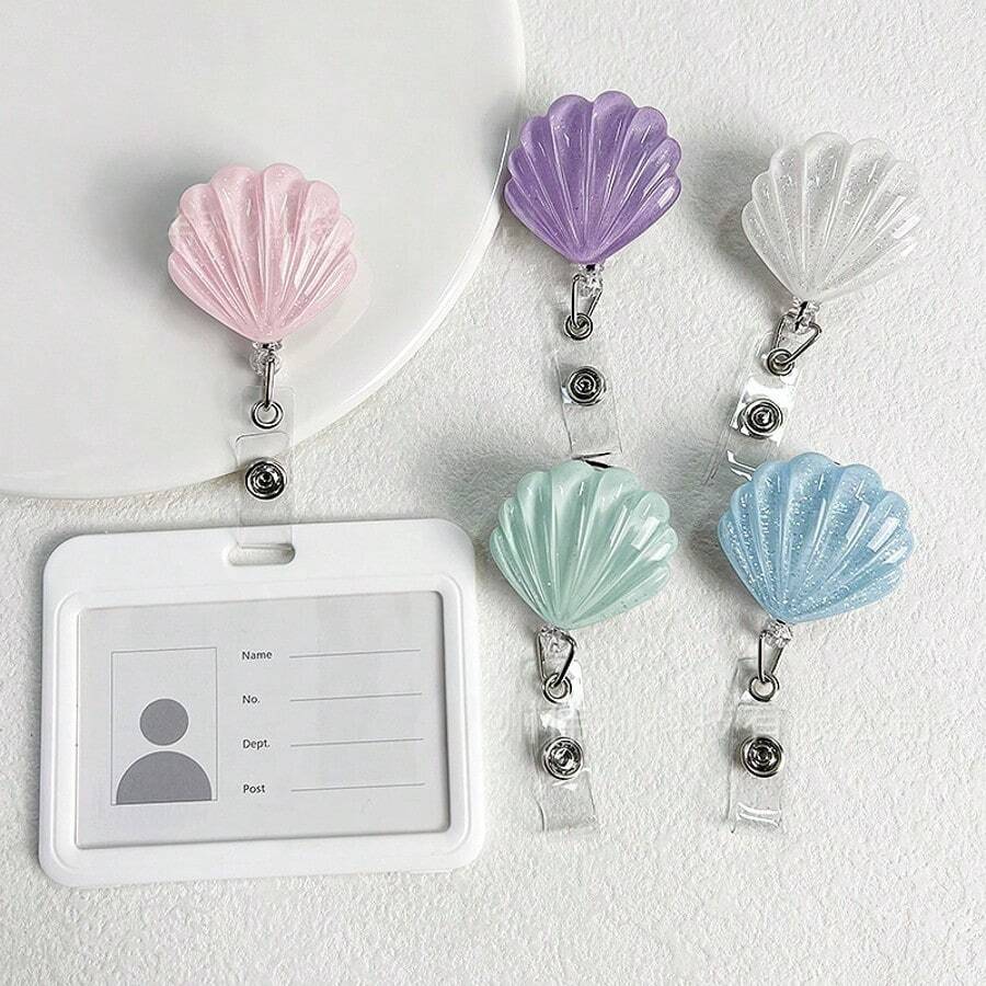 1个/5个装卡通闪亮贝壳ID卡套 - 工作证挂绳，带可伸缩卷轴，学习用品，返校季 - 彩色 - 查看 1