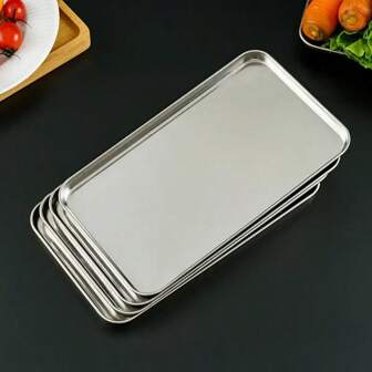 1 pieza / Set de 3 piezas, Bandeja de servicio de acero inoxidable, Bandeja para hornear, Vaporera de fondo plano, Recipiente de almacenamiento de alimentos de cocina, Perfecto para asar pescado, Vaporera, Bandeja para hornear pasteles, Duradero y resistente al calor, Bandeja para hornear | Suministros de cocina de moda | Bandeja duradera