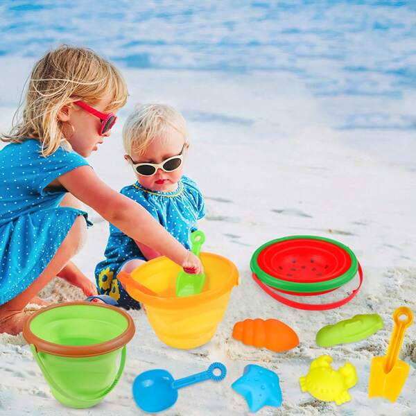 Ensemble de jouets de plage en sable pour enfants, seau de plage pliable en silicone. Jouets de plage de voyage d'été pour le camping et la pêche. Comprend des moules, des pelles et des râteaux pour les tout-petits, les garçons et les filles