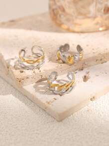 Conjunto de 3 anéis de aço inoxidável de alta qualidade da moda, anéis de duas cores, anéis multi-elementos com elemento de gota d'água, anéis de uso diário para mulheres