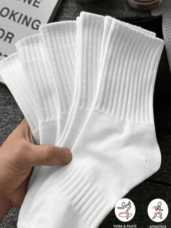 10 Pairs Of Autumn And Winter Men's Mid Length Socks, White Anti Odor, Sweat Absorbing, Breathable Sports Socks