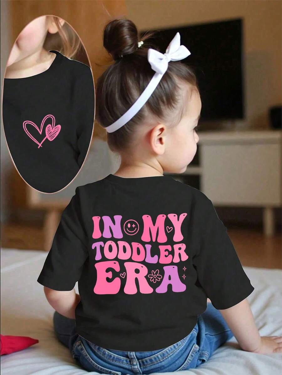 Infant Girls Bow Print Round Neck Short Sleeve Cute Blouse - Black - View 1