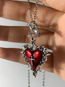 1 pieza Collar de cadena de acero inoxidable estilo retro único para mujer con colgante de corazón, moño y cruz en rojo y negro de estilo gótico oscuro y punk