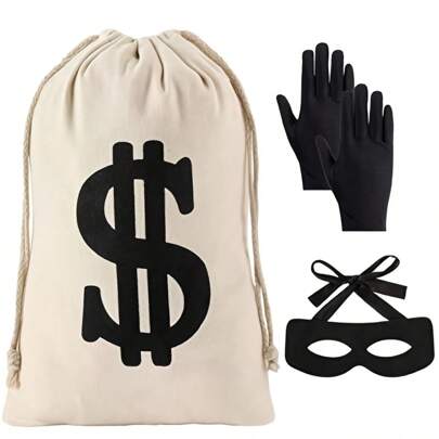 3 Piecescostume Decoration Set, Including A 29.97x39.88 Cm Dollar Sign Money Bag, Black Gloves, And A Halloween Party Pirate Thief Role-Playing Costume Eye Mask.
