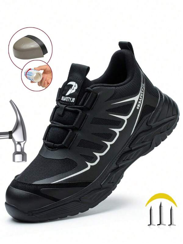 Zapatos de seguridad para hombres, zapatos de trabajo y deporte anti-colisión, zapatos de trabajo con cordones y transpirables, punta de acero de seguridad, suaves y transpirables, color negro, adecuados para senderismo al aire libre y trabajo de construcción