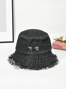 1pc Women Vintage Distressed Metal Decor Brim Fisherman Hat, Fashionable Casual Sunhat, Korean Style Student Couple Outdoor Sun Protection Large Brim Bucket Hat - Multicolor - View 8