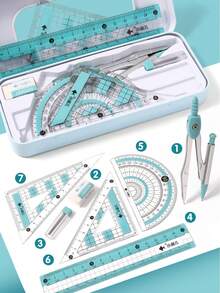 学生几何圆规套装，7 件套数学尺子套件，带金属盒，包括圆规、量角器、橡皮擦、三角尺、直尺 - 适用于学校、考试、学习和办公室使用的学校用品，返校