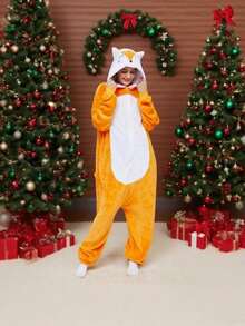 1pc Unisex Adulto zorro Pijama - Disfraz de zorro de dibujos animados para Halloween, Color sólido, con capucha, con cremallera, tejido de punto, ropa de fiesta, para todas las estaciones - zorro - Ver 4