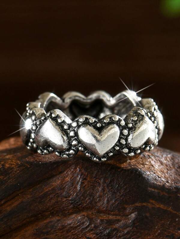 1pc Vintage Silver Boho Style Heart-Shaped Ring, Oversized Heart Design For Everyday Wear