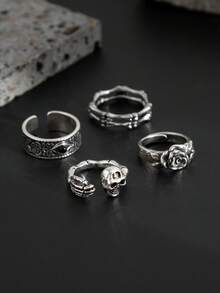 4pcs/Set Dark Skull, Rose Flower, Devil Eye Punk Style Rings Set For Men - Silver - View 5