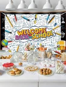 1 件 - 返校白色欢迎返校摄影背景儿童开学第一天派对摄影背景蓝色笔记铅笔教室装饰横幅白色蓝色教师和学生儿童派对装饰背景架