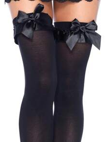 Women's Opaque Thigh Highs With Satin Ruffle Trim And Bow Cjtpuh2dian