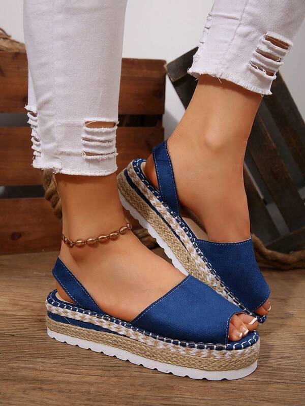 2025 Summer New Fashionable Women Thick-Soled Sandals, Solid Color Open-Toe Hemp Rope Woven Waterproof Platform Peep-Toe Sandals For Indoor Outdoor Beach