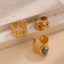 Conjunto de 3 anillos anchos de estilo retro punk decorados con rhinestones para mujeres, anillos ajustables de metal huecos y personalizados