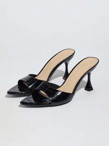 Jin Bei Qi Women's Pointed Toe High Heels Mules, Shiny Strap, Textured Stone Pattern, Perfect For Party, Wedding, Nightclub, Outdoor, Elegant Black Sandals